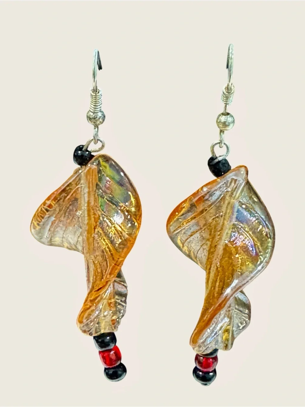 Handcrafted Amber Leaf Glass Dangle Earrings Black Red Bead Artisan Boho